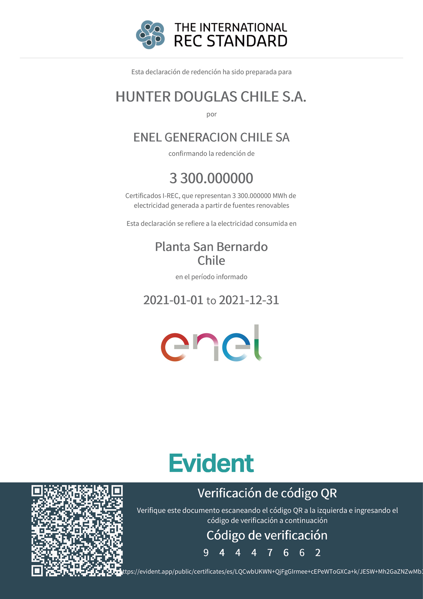 Certificado de energías renovables ENEL para Planta Hunter Douglas Chile IREC Redemption Statement HunterDouglas 2021 jpg